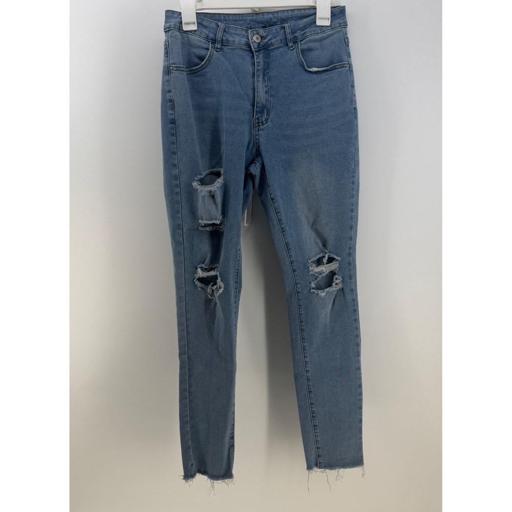 NVFelix Skinny Jeans Women Large Blue‎ Distressed Ripped Raw Hem Y2K Streetwear